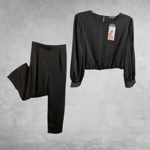 Pretty Garden Black 2 Piece Set Sz M-NWT Long Sleeve Blouse & Pants Outfit